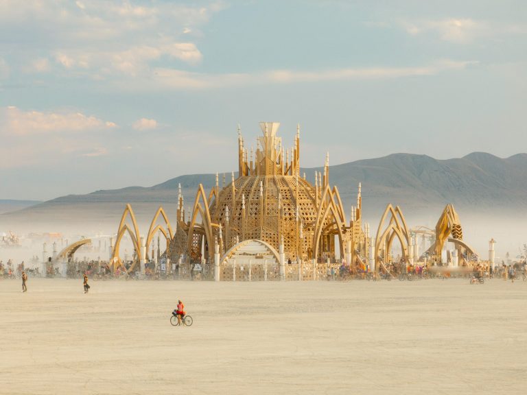 This photo captures the Temple structure at the Burning Man festival in the Black Rock Desert of Nevada.